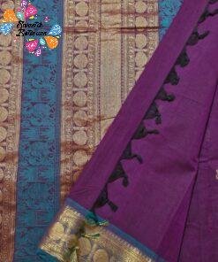 Deep Purple And Teal Blue Gold Zari Border Premium Kanchi Cotton Saree with Rich Pallu
