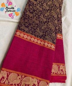 Wine Purple With Pink Border Premium Kanchi Cotton Saree with Rich Pallu Wine Purple With Pink Border Premium Kanchi Cotton Saree with Rich Pallu