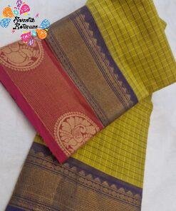 Mustard Yellow Checked Designer Blue And Magenta Zari Border Kanchi Cotton Saree Mustard Yellow Checked Designer Blue And Magenta Zari Border Kanchi Cotton Saree