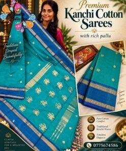 Teal Blue with Royal Blue Gold Zari Border Premium Kanchi Cotton Saree with Rich Pallu