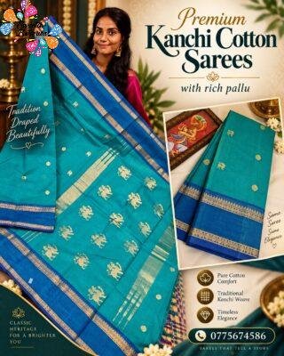 Teal Blue with Royal Blue Gold Zari Border Premium Kanchi Cotton Saree with Rich Pallu