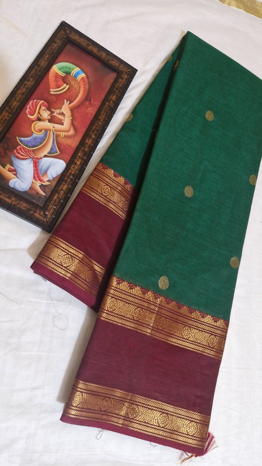 Butta Designer Dark Green with Maroon Gold Zari Border Premium Kanchi Cotton Saree with Rich Pallu Butta Designer Dark Green with Maroon Gold Zari Border Premium Kanchi Cotton Saree with Rich Pallu - Image 4
