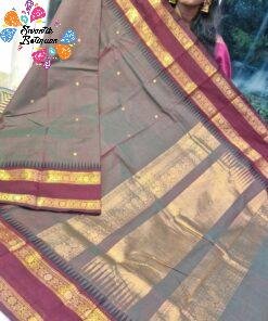 Brownish Grey With Dark Maroon Gold Zari Border Premium Kanchi Cotton Saree with Rich Pallu Brownish Grey With Dark Maroon Gold Zari Border Premium Kanchi Cotton Saree with Rich Pallu