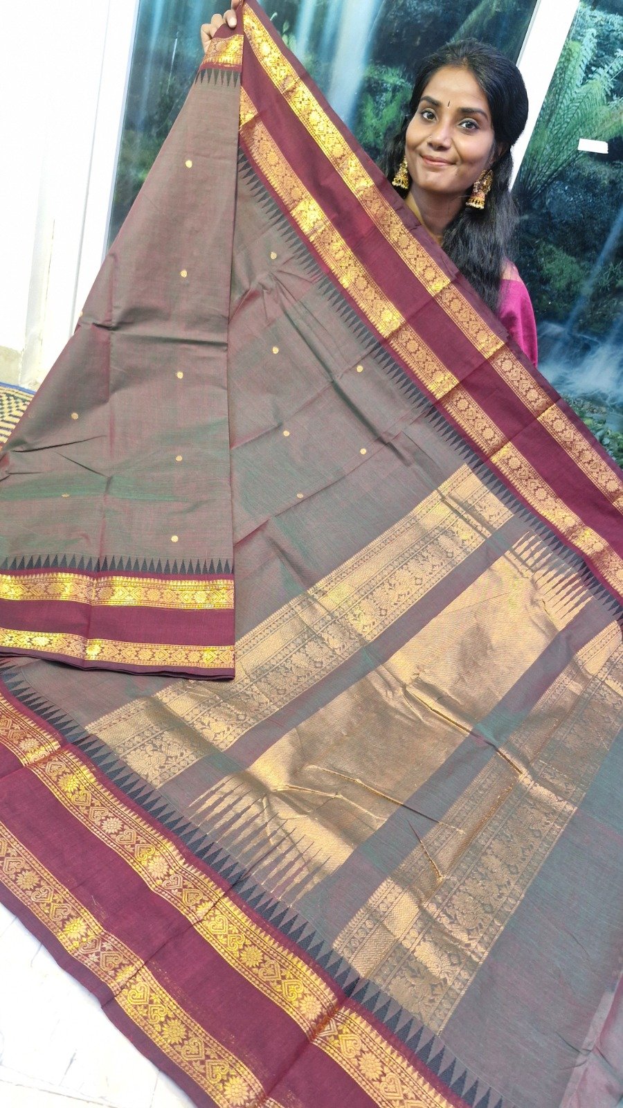 Brownish Grey With Dark Maroon Gold Zari Border Premium Kanchi Cotton Saree with Rich Pallu Brownish Grey With Dark Maroon Gold Zari Border Premium Kanchi Cotton Saree with Rich Pallu - Image 6