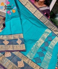 Checked Designer Turquoise Blue With Slate Grey Gold Zari Border Premium Kanchi Cotton Saree with Rich Pallu
