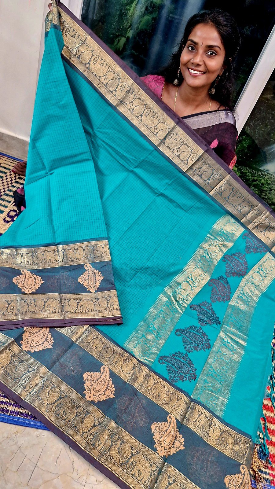 Checked Designer Turquoise Blue With Slate Grey Gold Zari Border Premium Kanchi Cotton Saree with Rich Pallu Checked Designer Turquoise Blue With Slate Grey Gold Zari Border Premium Kanchi Cotton Saree with Rich Pallu - Image 4
