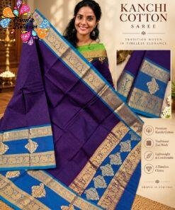 Dark Plum Purple And Peacock Blue Gold Zari Border Premium Kanchi Cotton Saree with Rich Pallu