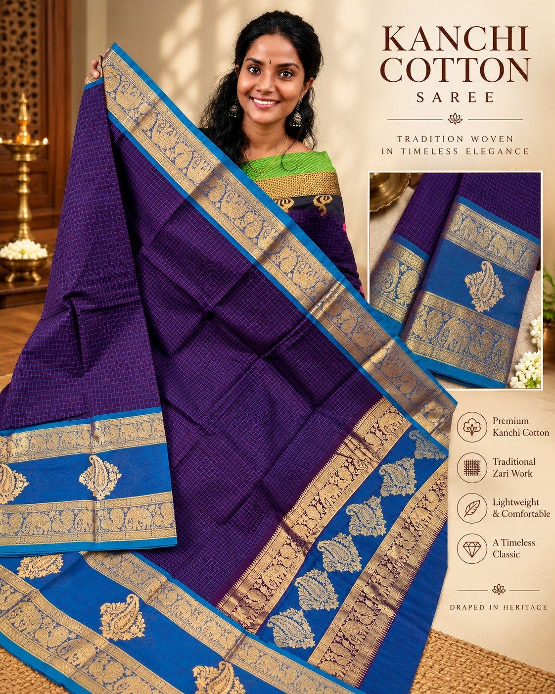 Dark Plum Purple And Peacock Blue Gold Zari Border Premium Kanchi Cotton Saree with Rich Pallu Dark Plum Purple And Peacock Blue Gold Zari Border Premium Kanchi Cotton Saree with Rich Pallu