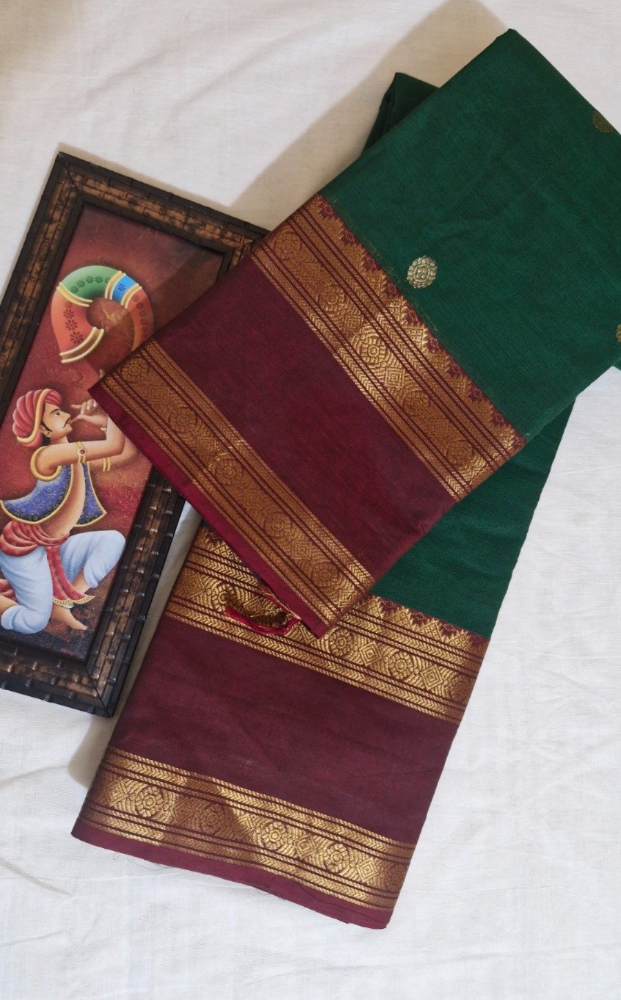 Butta Designer Dark Green with Maroon Gold Zari Border Premium Kanchi Cotton Saree with Rich Pallu Butta Designer Dark Green with Maroon Gold Zari Border Premium Kanchi Cotton Saree with Rich Pallu - Image 3