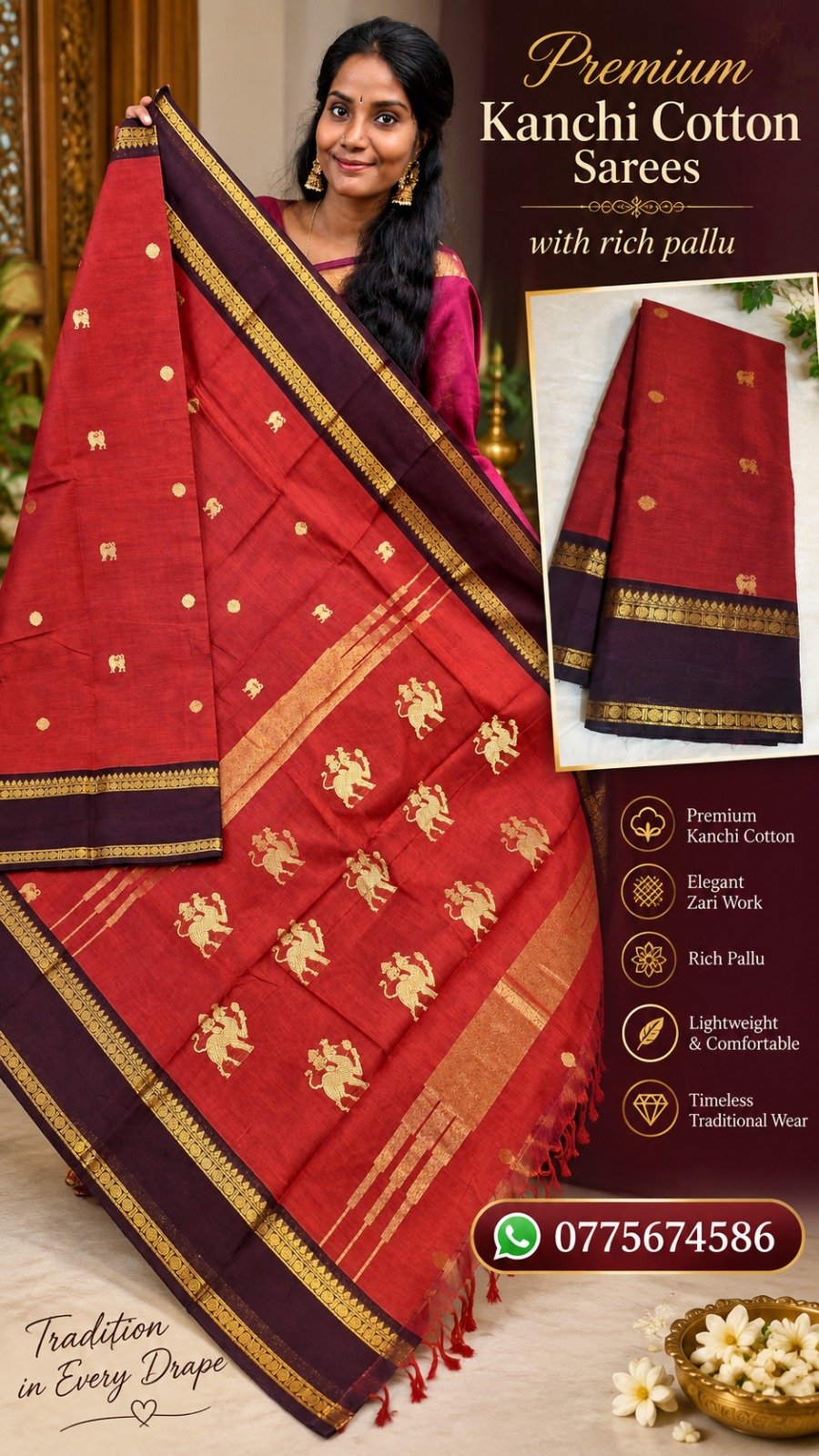 Rust Red With Dark Maroon Border and Antique Gold Zari Border Premium Kanchi Cotton Saree with Rich Pallu Rust Red With Dark Maroon Border and Antique Gold Zari Border Premium Kanchi Cotton Saree with Rich Pallu