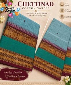 Light Aqua Blue with Teal Green And Maroon Premium Chettinad Cotton Saree