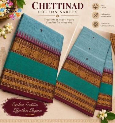 Light Aqua Blue with Teal Green And Maroon Premium Chettinad Cotton Saree