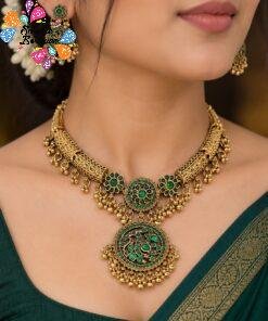 Peacock Designer Green Stone Matte Finished Necklace