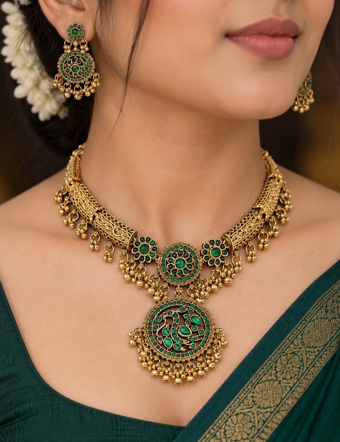 Peacock Designer Green Stone Matte Finished Necklace Peacock Designer Green Stone Matte Finished Necklace