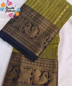 Olive Green With Navy Blue Gold Zari Border Premium Kanchi Cotton Saree with Rich Pallu Olive Green With Navy Blue Gold Zari Border Premium Kanchi Cotton Saree with Rich Pallu