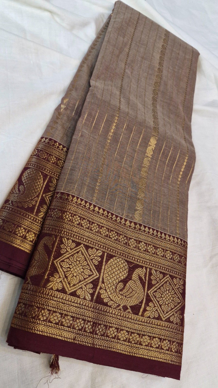 Taupe Brown with Deep Maroon and Antique Gold Zari Work Border Premium Kanchi Cotton Saree with Rich Pallu Taupe Brown with Deep Maroon and Antique Gold Zari Work Border Premium Kanchi Cotton Saree with Rich Pallu - Image 2