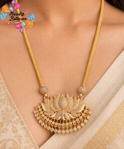 Lotus Designer White Stone Work Micro Gold Plated Long Chain Lotus Designer White Stone Work Micro Gold Plated Long Chain