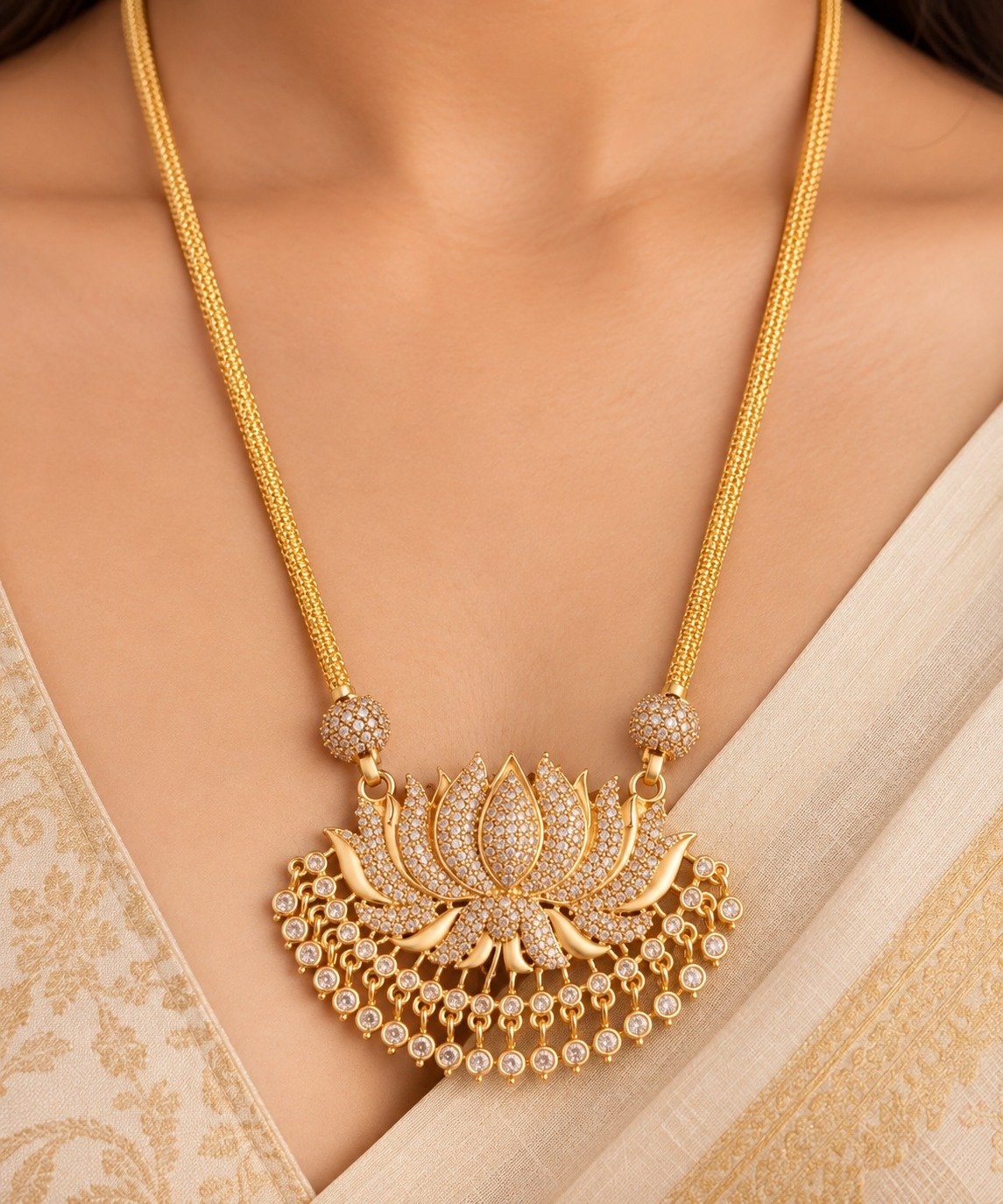 Lotus Designer White Stone Work Micro Gold Plated Long Chain Lotus Designer White Stone Work Micro Gold Plated Long Chain - Image 2