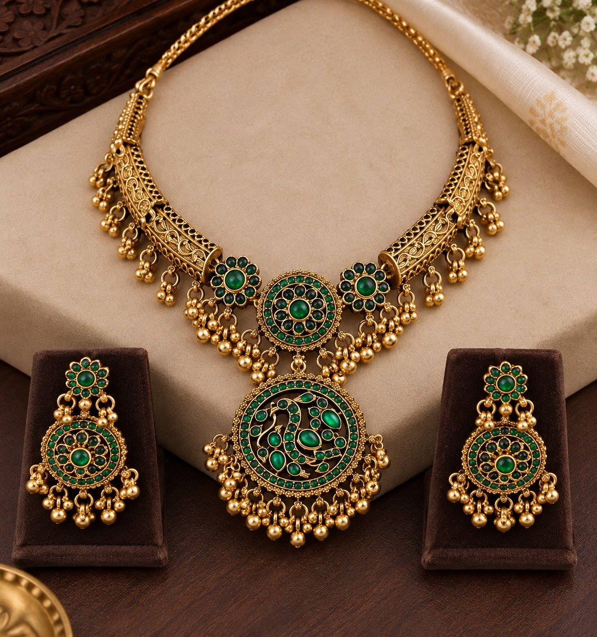Peacock Designer Green Stone Matte Finished Necklace Peacock Designer Green Stone Matte Finished Necklace - Image 2