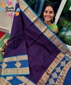 Dark Plum Purple And Peacock Blue Gold Zari Border Premium Kanchi Cotton Saree with Rich Pallu