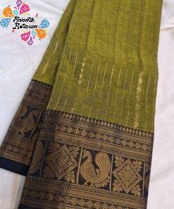 Olive Green With Navy Blue Gold Zari Border Premium Kanchi Cotton Saree with Rich Pallu Olive Green With Navy Blue Gold Zari Border Premium Kanchi Cotton Saree with Rich Pallu