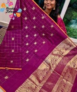 Deep Magenta And Gold Zari With Yellow Border Premium Kanchi Cotton Saree with Rich Pallu