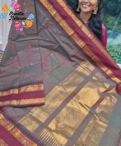 Brownish Grey With Dark Maroon Gold Zari Border Premium Kanchi Cotton Saree with Rich Pallu Brownish Grey With Dark Maroon Gold Zari Border Premium Kanchi Cotton Saree with Rich Pallu