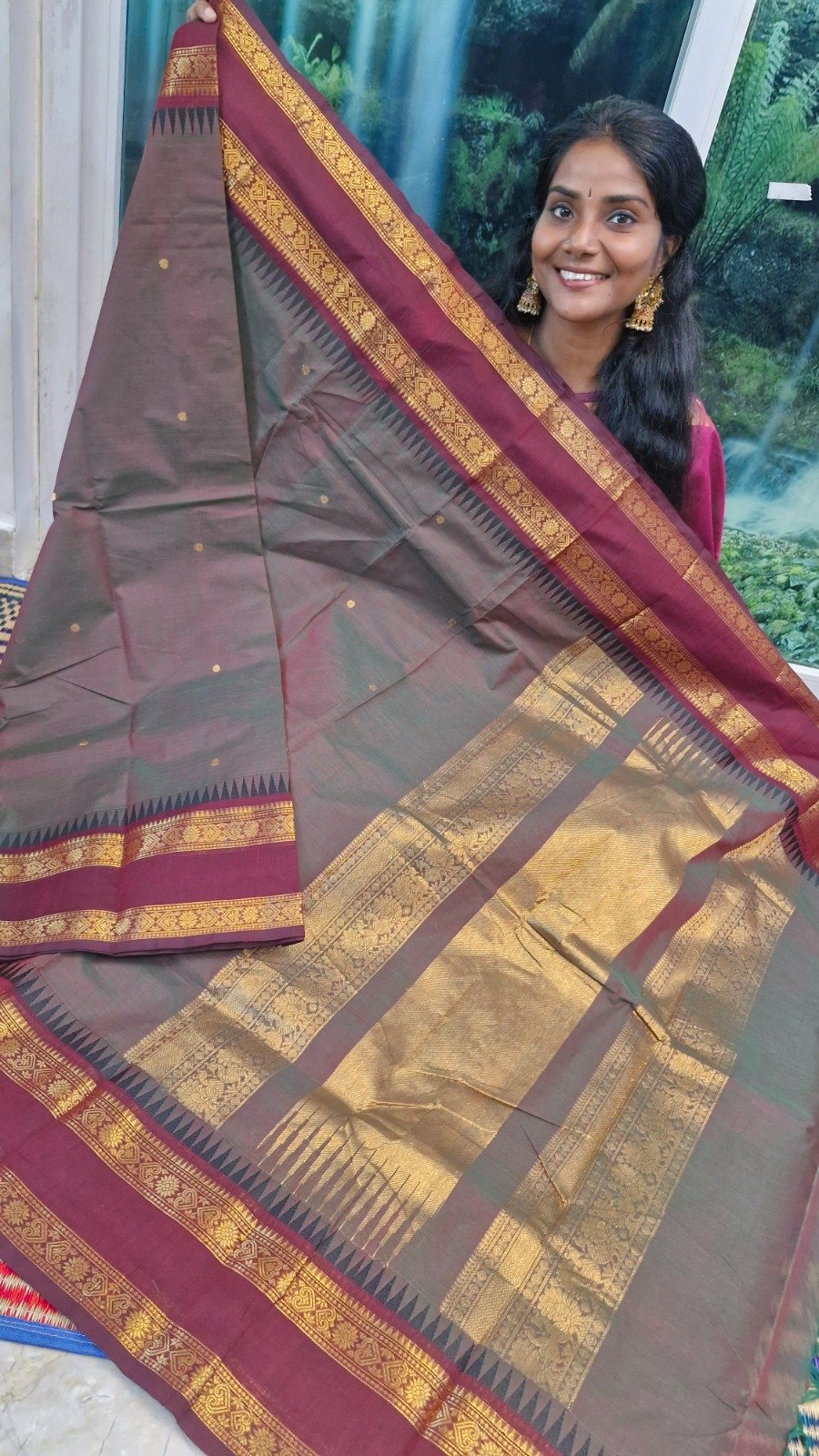Brownish Grey With Dark Maroon Gold Zari Border Premium Kanchi Cotton Saree with Rich Pallu Brownish Grey With Dark Maroon Gold Zari Border Premium Kanchi Cotton Saree with Rich Pallu - Image 3