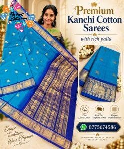 Turquoise Blue And Royal Blue With Gold Zari Border Premium Kanchi Cotton Saree with Rich Pallu