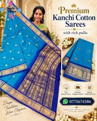 Turquoise Blue And Royal Blue With Gold Zari Border Premium Kanchi Cotton Saree with Rich Pallu