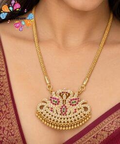 Alternative view of Peacock Designer White And Pink With Green Stone Mixed Micro Gold Plated Long Chain