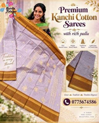 Dusty Lavender And Brown With Gold Zari Border Premium Kanchi Cotton Saree with Rich Pallu