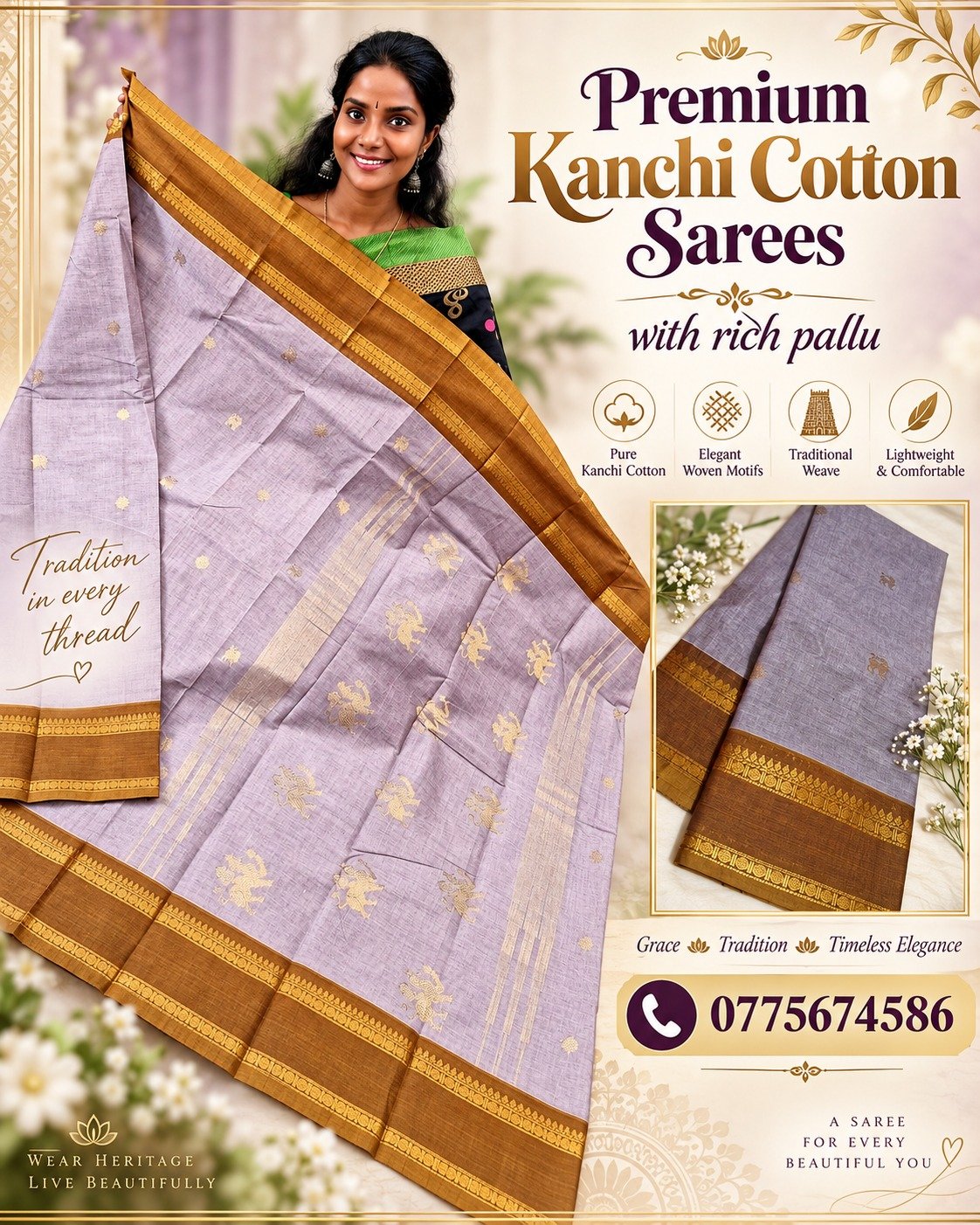 Dusty Lavender And Brown With Gold Zari Border Premium Kanchi Cotton Saree with Rich Pallu Dusty Lavender And Brown With Gold Zari Border Premium Kanchi Cotton Saree with Rich Pallu