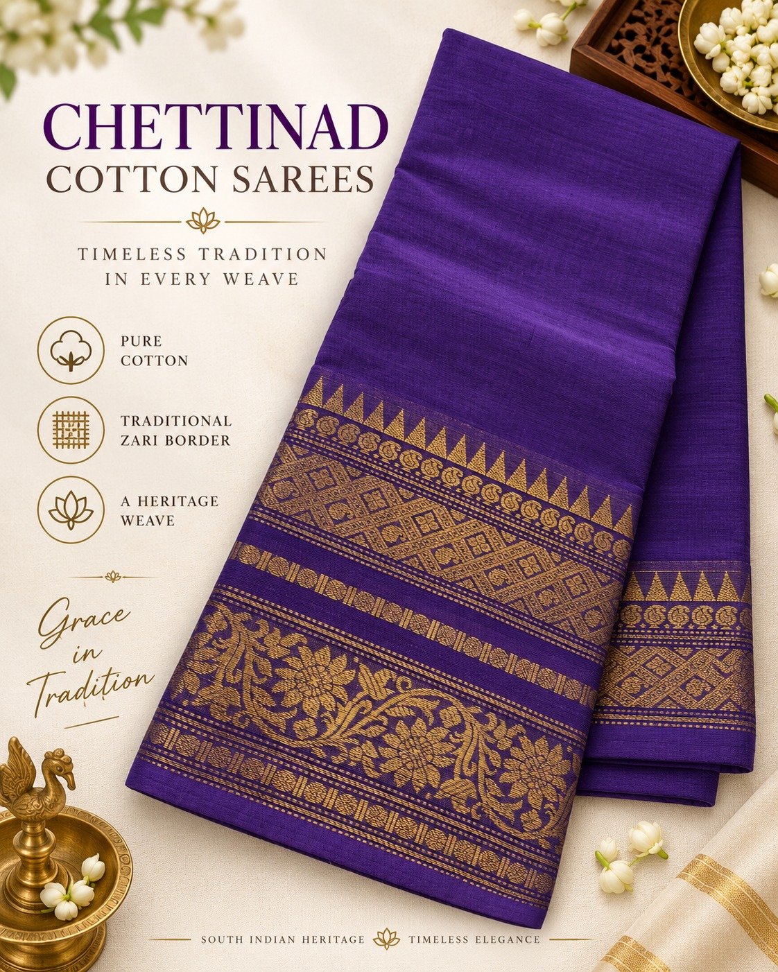 Royal Purple With Antique Gold Zari Border Premium Chettinad Cotton Saree Royal Purple With Antique Gold Zari Border Premium Chettinad Cotton Saree