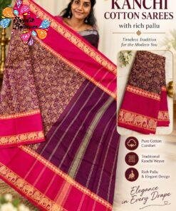 Wine Purple With Pink Border Premium Kanchi Cotton Saree with Rich Pallu Wine Purple With Pink Border Premium Kanchi Cotton Saree with Rich Pallu