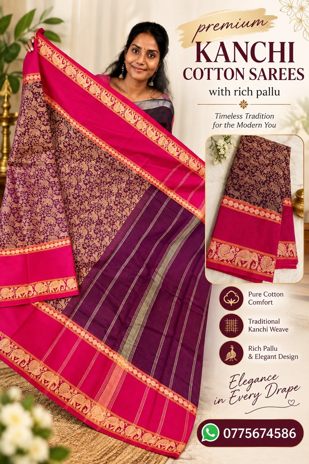 Wine Purple With Pink Border Premium Kanchi Cotton Saree with Rich Pallu Wine Purple With Pink Border Premium Kanchi Cotton Saree with Rich Pallu - Image 5