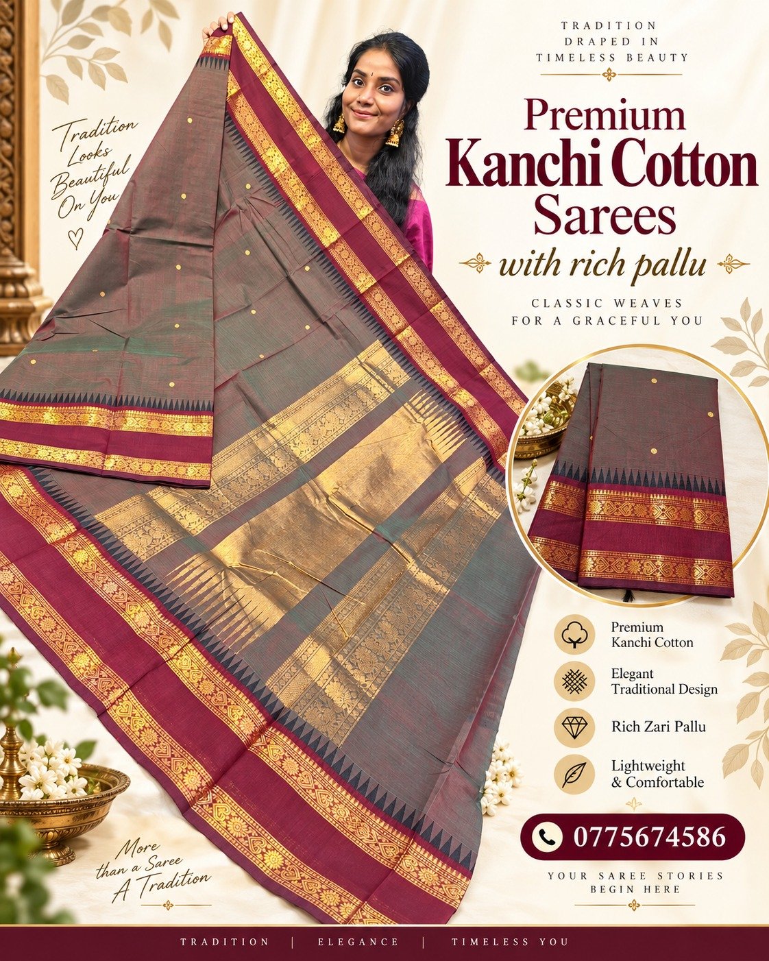 Brownish Grey With Dark Maroon Gold Zari Border Premium Kanchi Cotton Saree with Rich Pallu Brownish Grey With Dark Maroon Gold Zari Border Premium Kanchi Cotton Saree with Rich Pallu