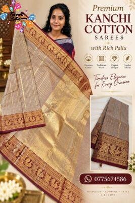 Taupe Brown with Deep Maroon and Antique Gold Zari Work Border Premium Kanchi Cotton Saree with Rich Pallu