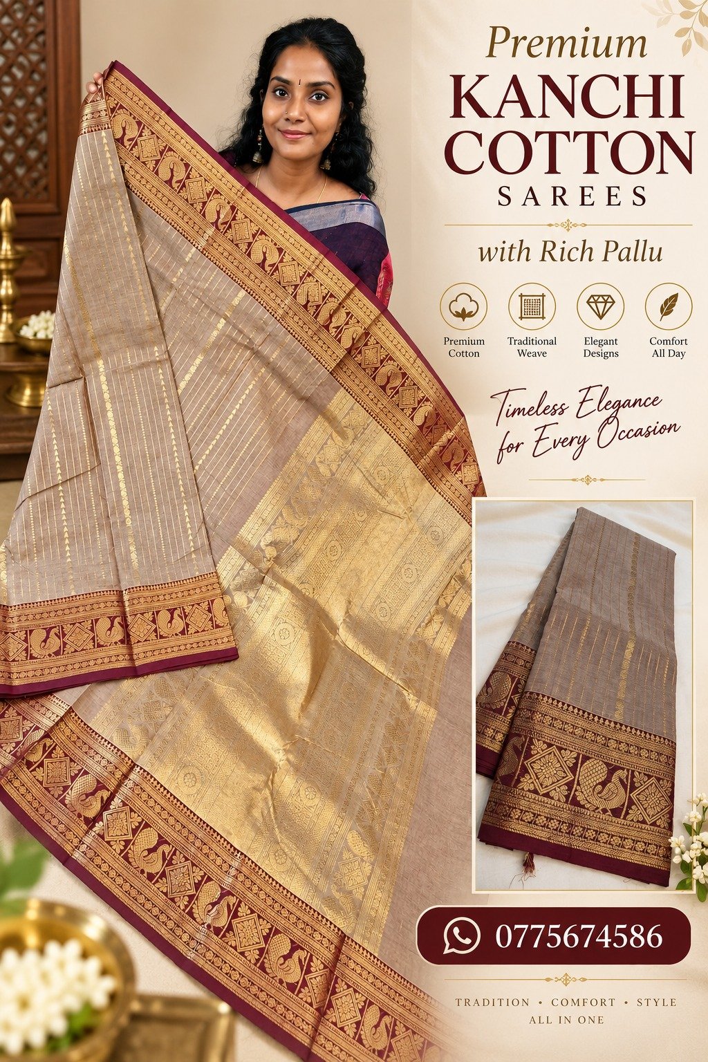 Taupe Brown with Deep Maroon and Antique Gold Zari Work Border Premium Kanchi Cotton Saree with Rich Pallu Taupe Brown with Deep Maroon and Antique Gold Zari Work Border Premium Kanchi Cotton Saree with Rich Pallu