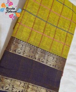 Checked Designer Yellow And Purple With Pink Double Border Premium Kanchi Cotton Saree with Rich Pallu