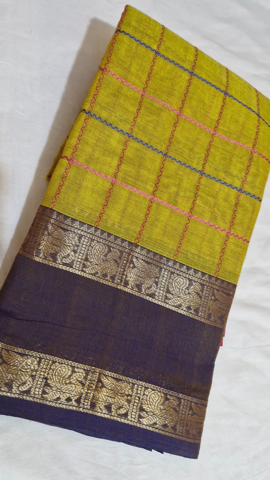 Checked Designer Yellow And Purple With Pink Double Border Premium Kanchi Cotton Saree with Rich Pallu Checked Designer Yellow And Purple With Pink Double Border Premium Kanchi Cotton Saree with Rich Pallu - Image 5