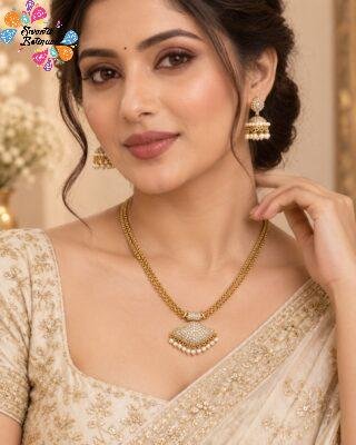 Premium Diamond Shaped Pendant With White Stone And Pearl Mixed Matte Finished Necklace