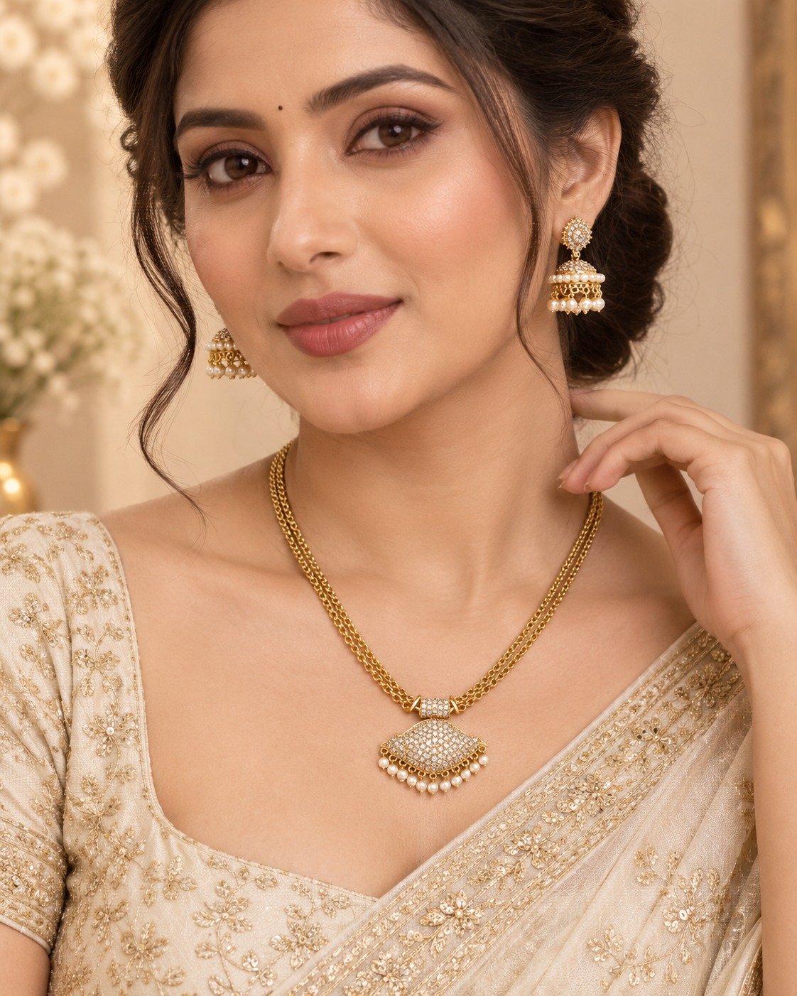 Premium Diamond Shaped Pendant With White Stone And Pearl Mixed Matte Finished Necklace Premium Diamond Shaped Pendant With White Stone And Pearl Mixed Matte Finished Necklace