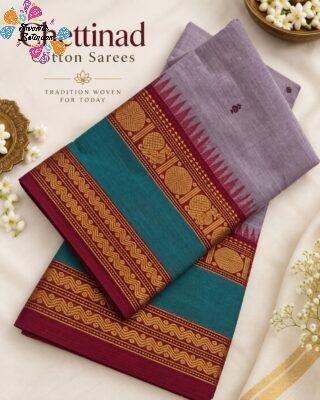 Lavender Grey With Teal Green And Maroon Antique Gold Zari Border Premium Chettinad Cotton Saree