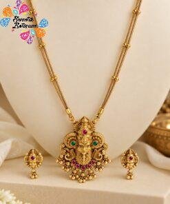 Perumal Face Designer Green And Pink Stone Mixed Matte Finished Necklace Perumal Face Designer Green And Pink Stone Mixed Matte Finished Necklace