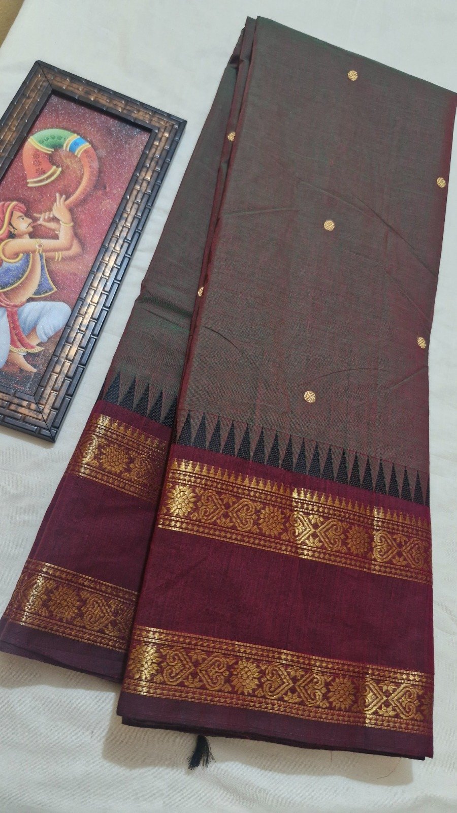 Brownish Grey With Dark Maroon Gold Zari Border Premium Kanchi Cotton Saree with Rich Pallu Brownish Grey With Dark Maroon Gold Zari Border Premium Kanchi Cotton Saree with Rich Pallu - Image 2