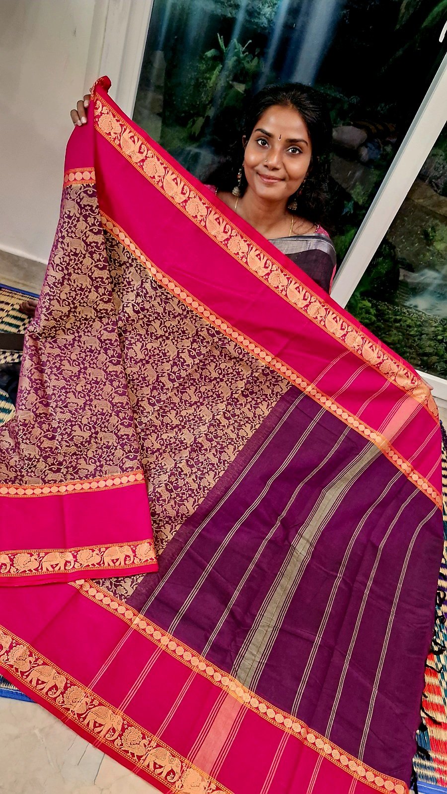 Wine Purple With Pink Border Premium Kanchi Cotton Saree with Rich Pallu Wine Purple With Pink Border Premium Kanchi Cotton Saree with Rich Pallu - Image 4