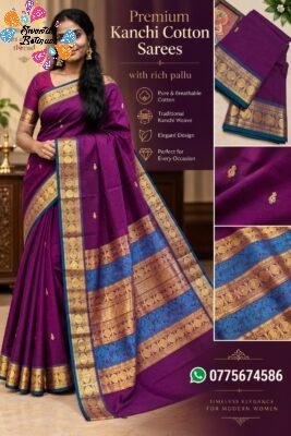 Deep Purple And Teal Blue Gold Zari Border Premium Kanchi Cotton Saree with Rich Pallu