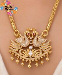 Alternative view of Peacock Designer White And Pink Stone Mixed Micro Gold Plated Long Chain