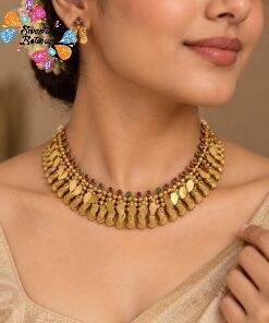 Premium Green With Pink Stone Matte Finished Elakkathali Chocker Necklace
